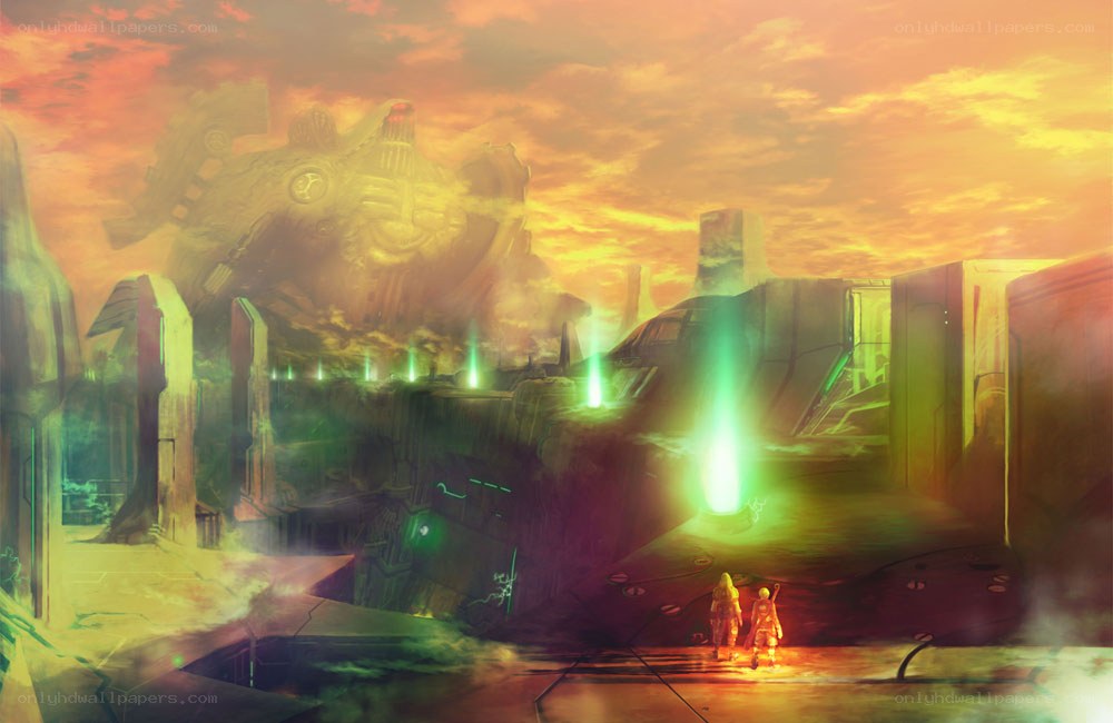 sci-fi ruins at sunset
