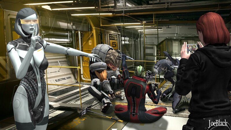 Sci-fi scene with robots and characters
