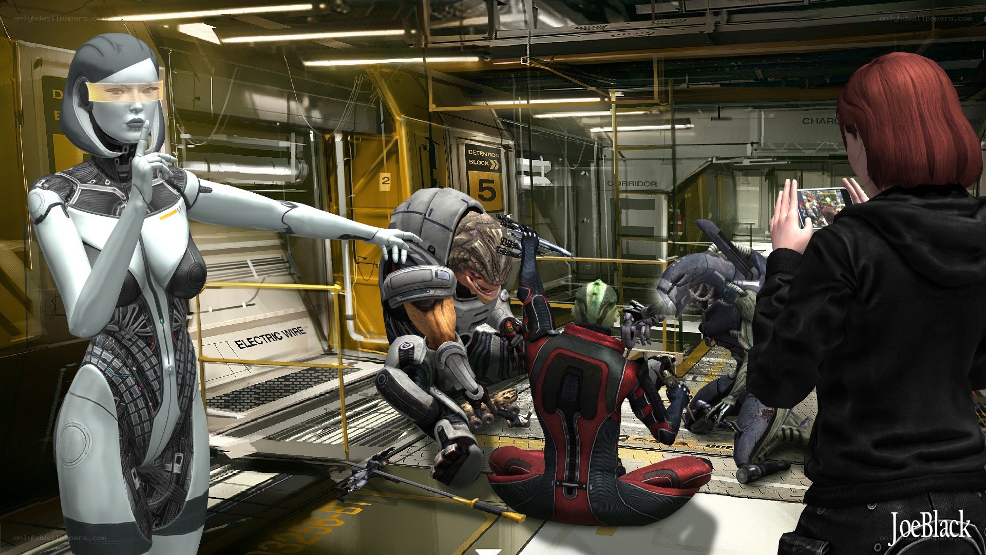 Sci-fi scene with robots and characters