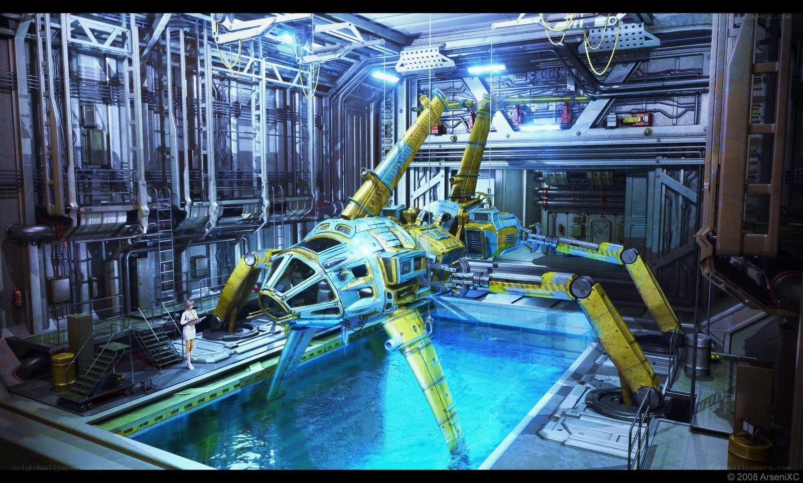 Sci-fi ship in a maintenance bay