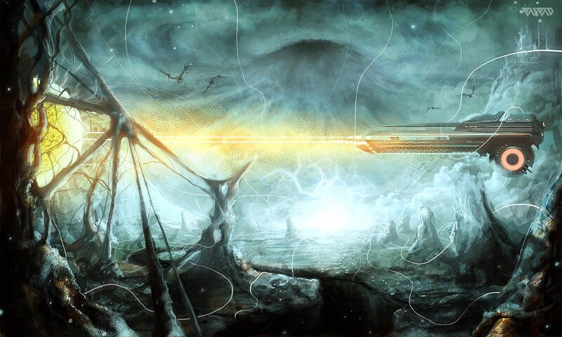 Sci-fi ship in alien landscape