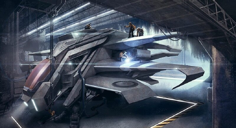 Sci-fi ship in hangar