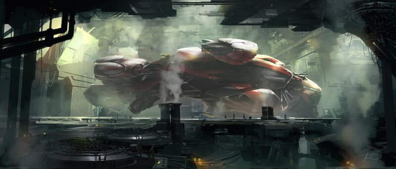 Sci-fi ship in hangar
