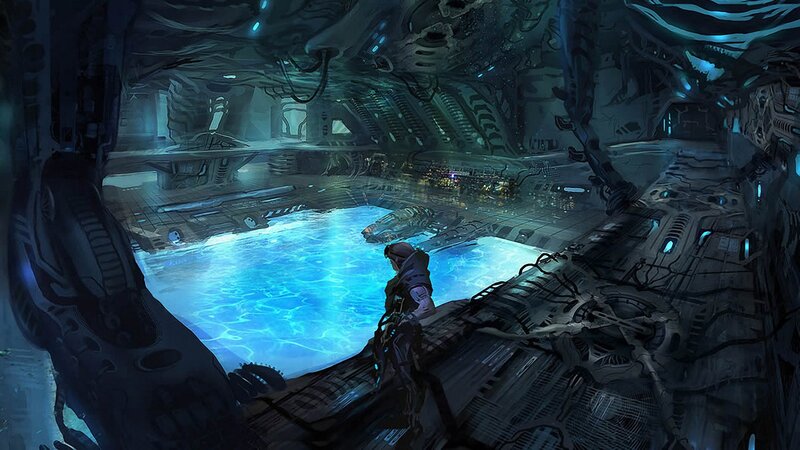 sci-fi ship interior with pool