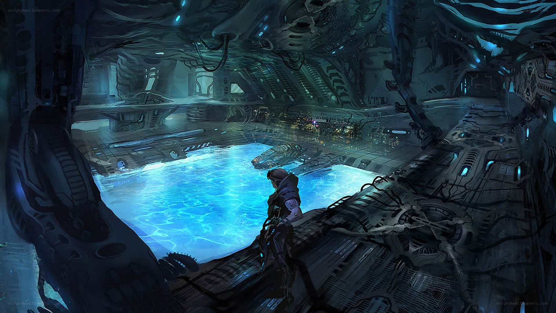 sci-fi ship interior with pool