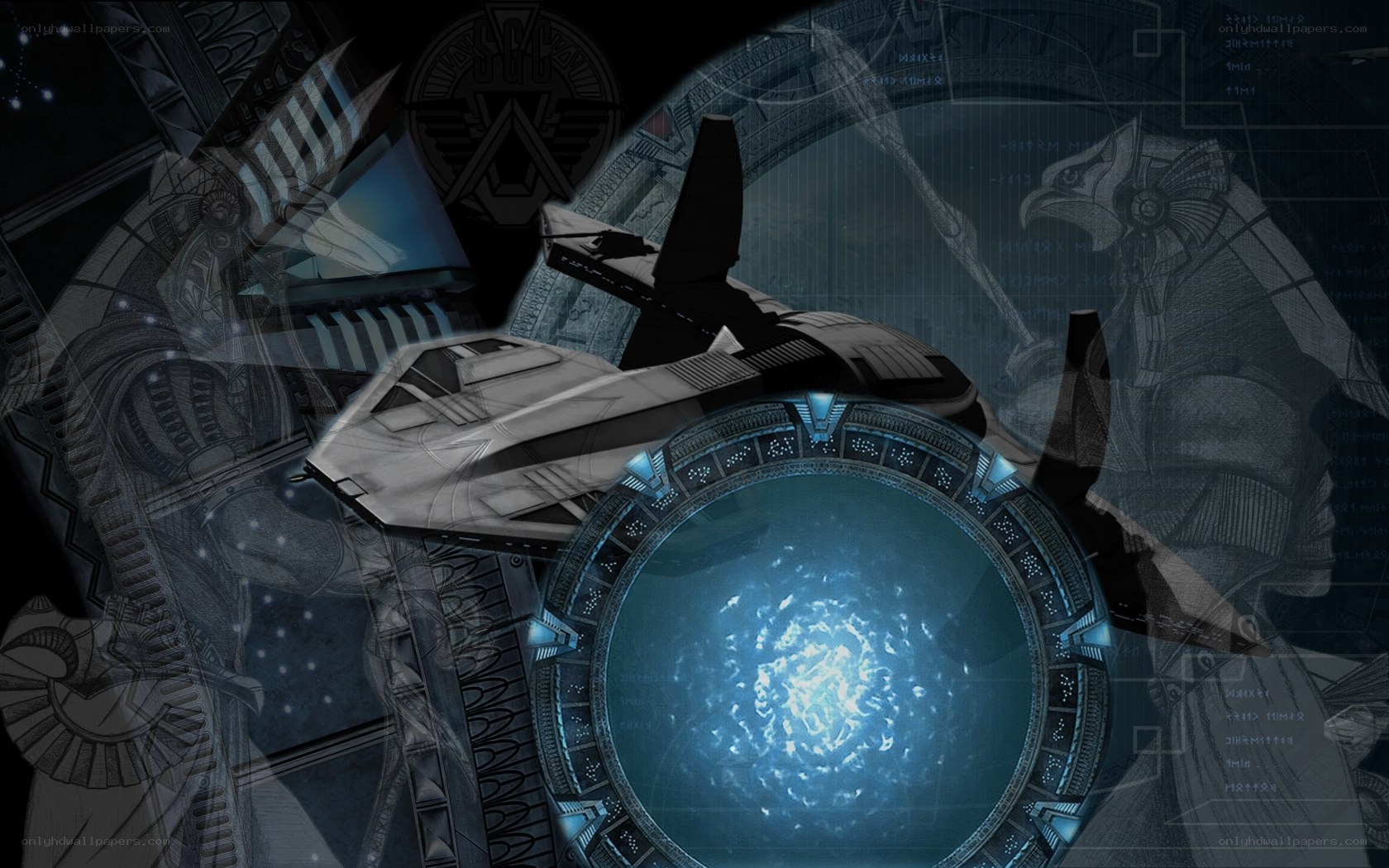 Sci-fi ship near stargate