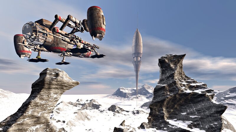 Sci-fi ship over snowy mountains