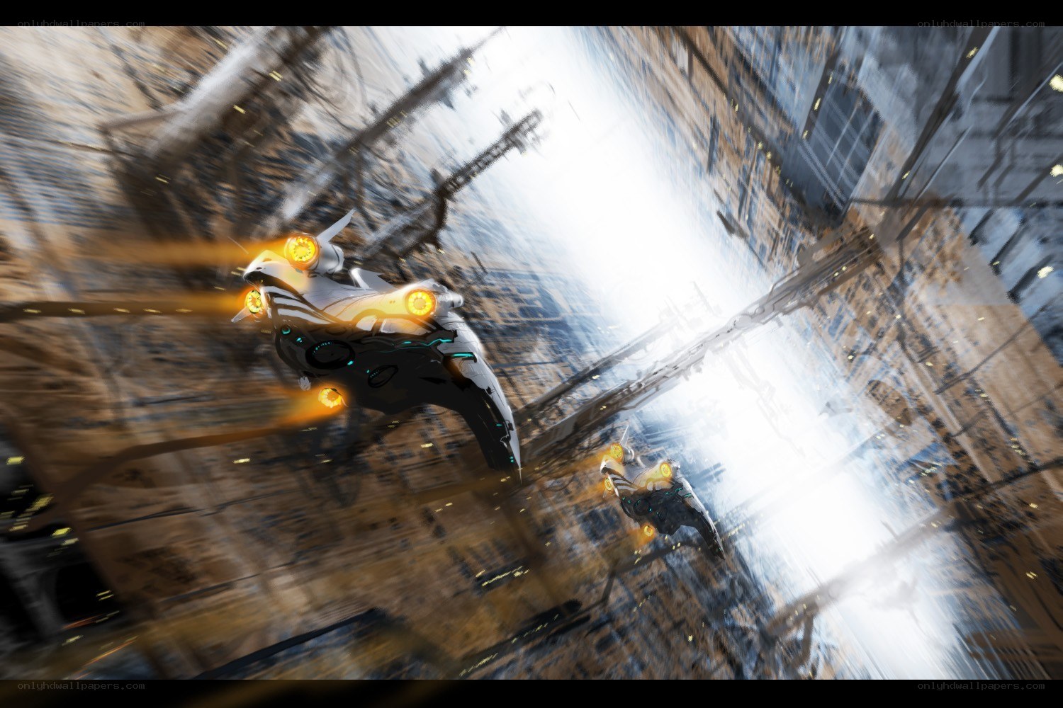 Sci-fi ships in city canyon