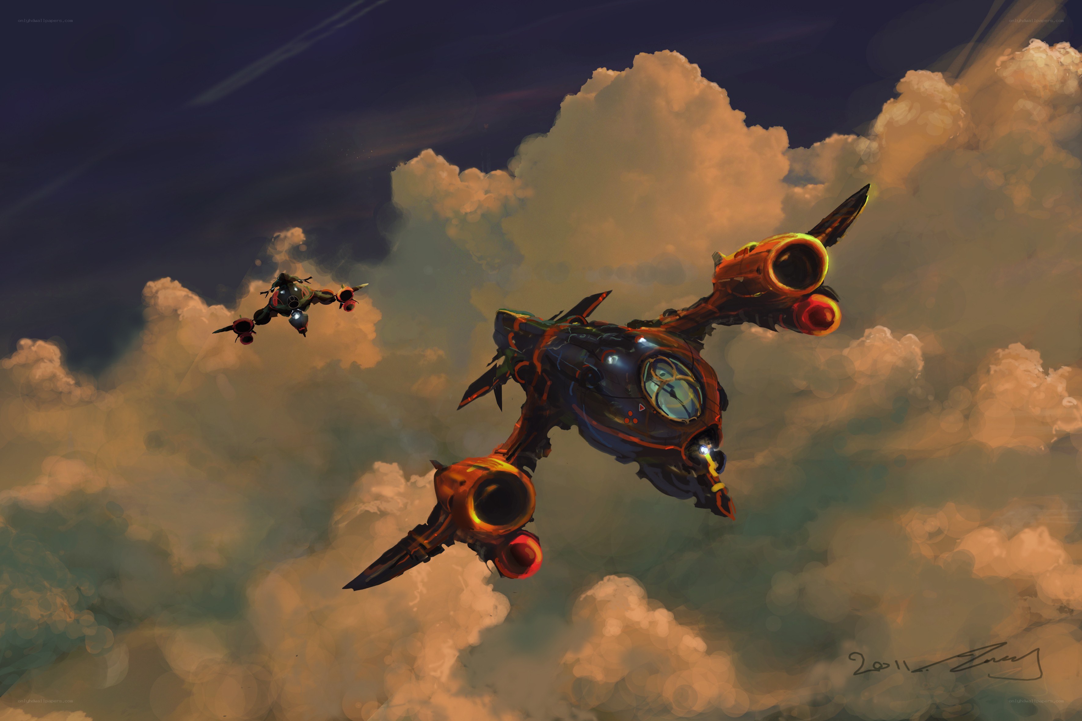 Sci-fi ships in cloudy sky