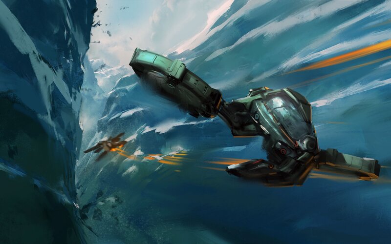 Sci-fi ships in icy canyon