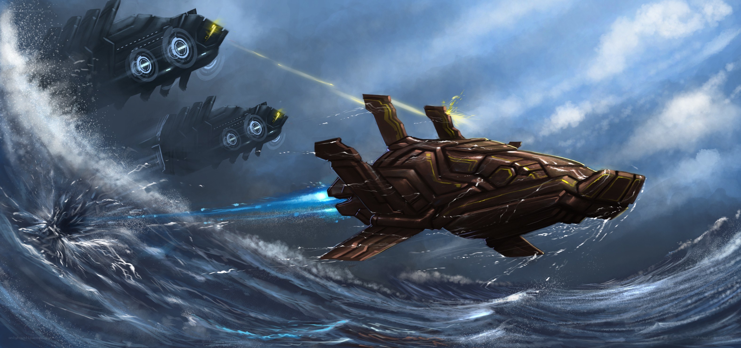 Sci-fi ships in stormy sea