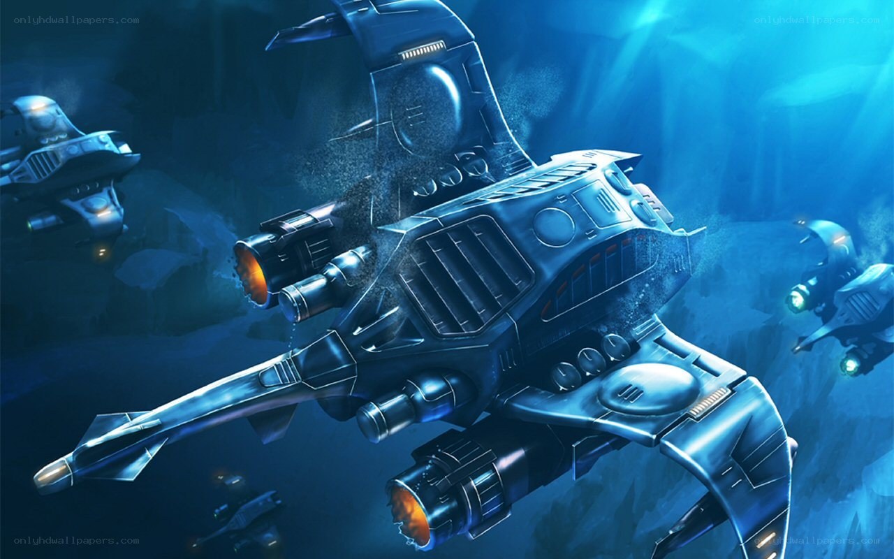 Sci-fi ships in underwater cave