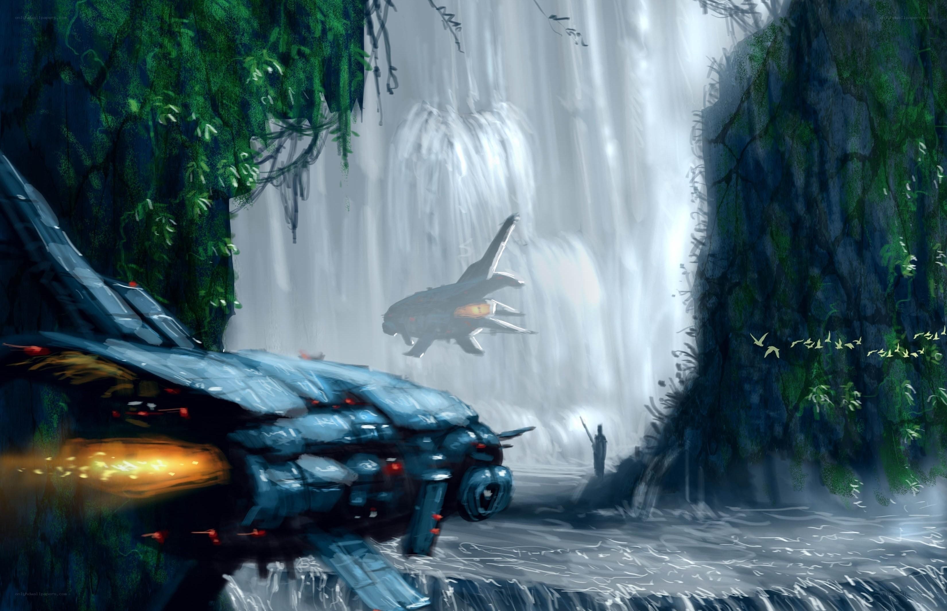 Sci-fi ships near waterfall