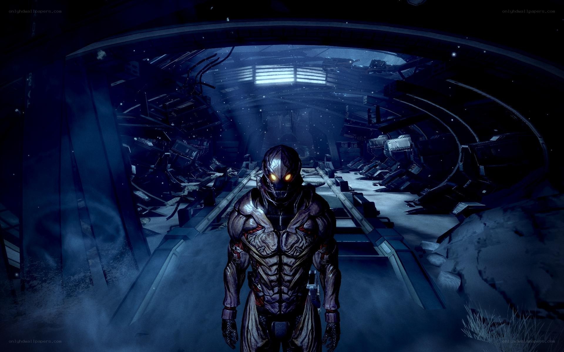 sci-fi soldier in ruined corridor