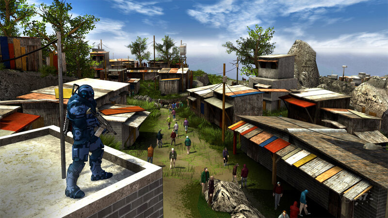 Sci-fi soldier in village scene