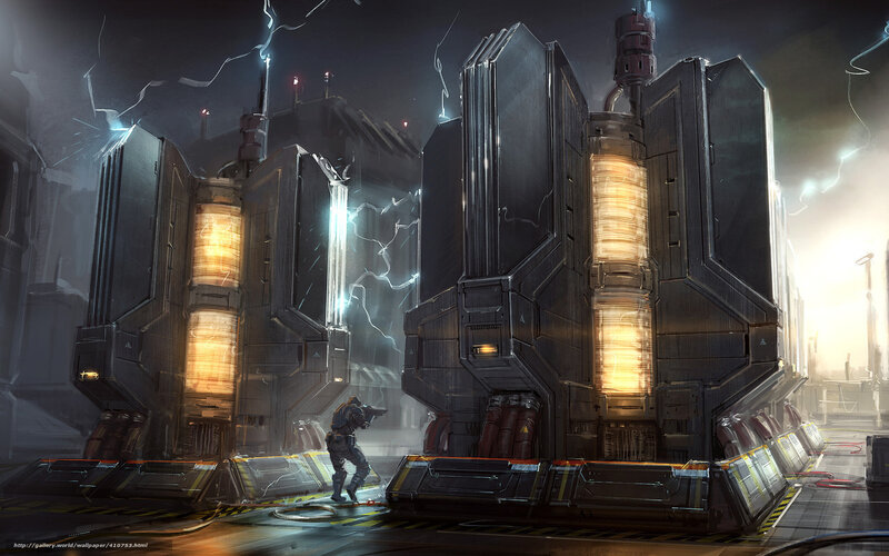 sci-fi soldier near energy towers