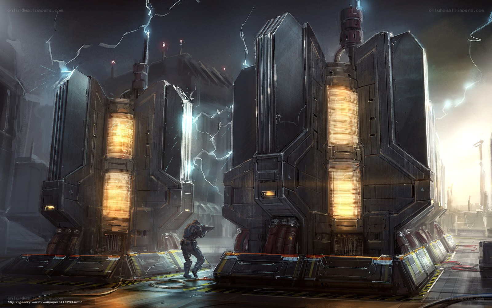 sci-fi soldier near energy towers