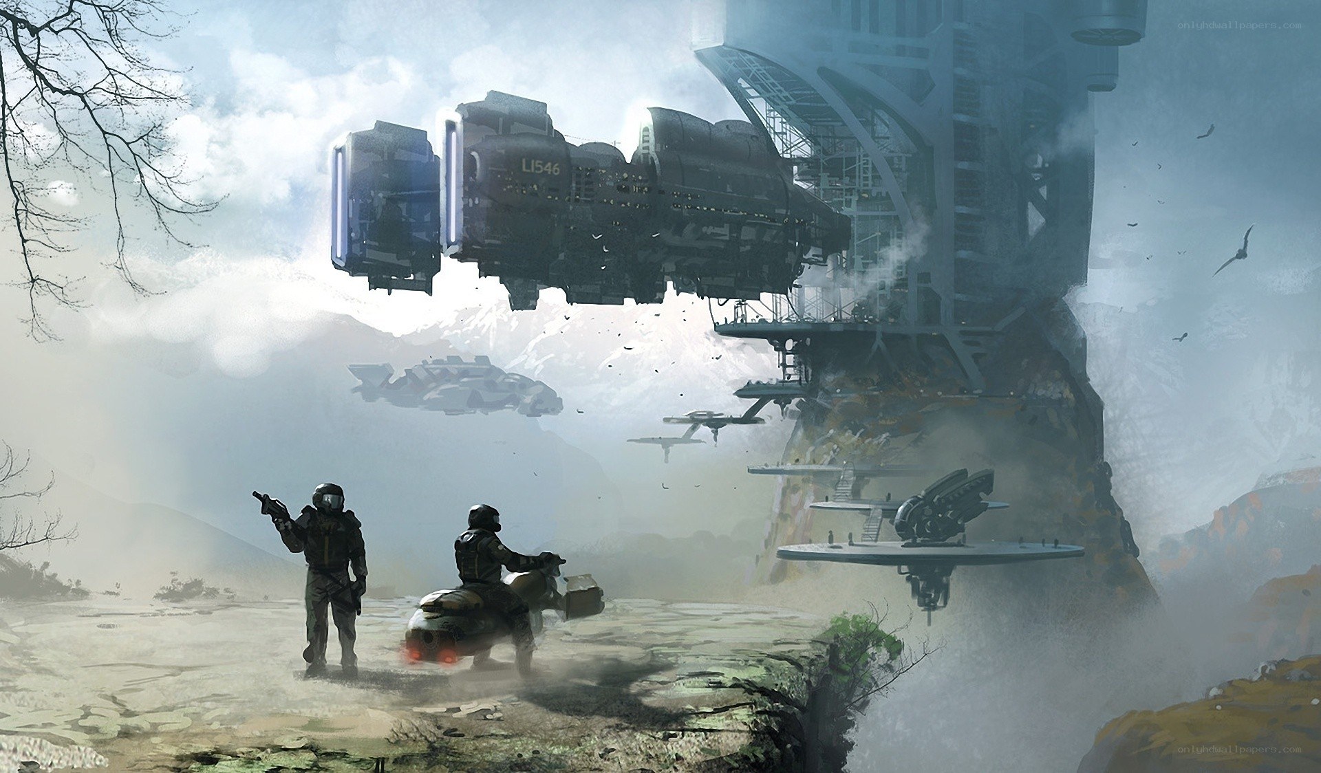 Sci-fi soldiers at a spaceport