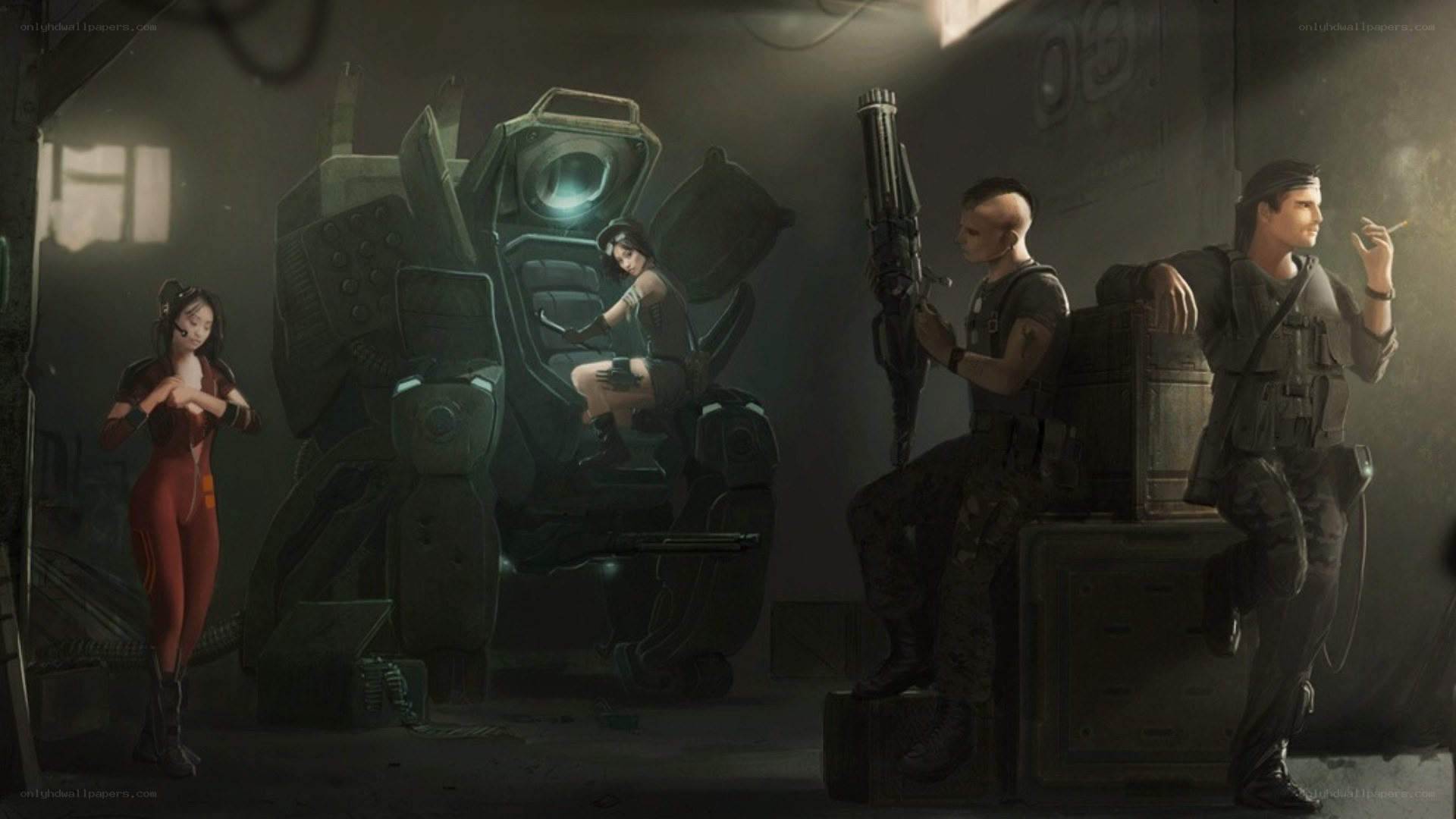 Sci-fi soldiers in a hangar