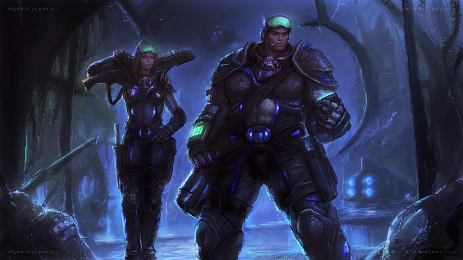 sci-fi soldiers in dark tunnel
