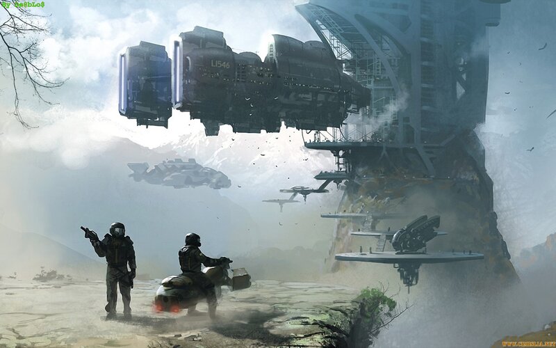 Sci-fi soldiers near a space station