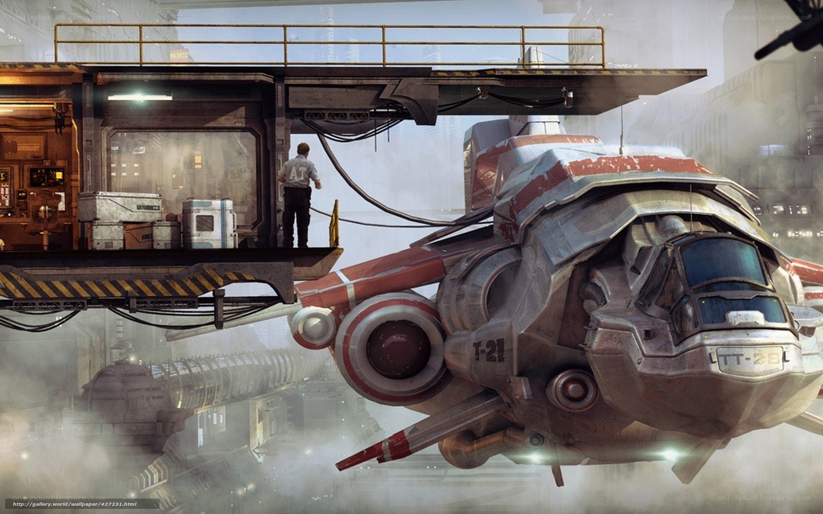 Sci-fi spacecraft at a spaceport