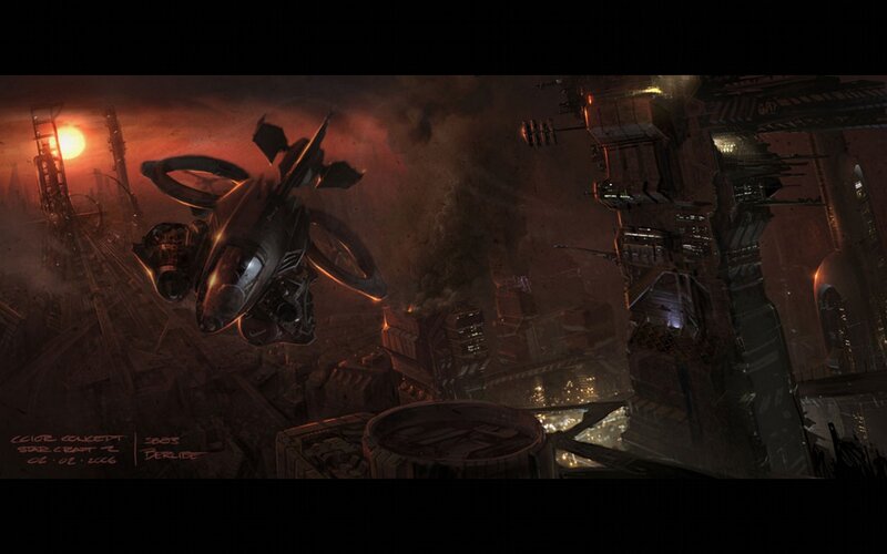 Sci-fi spacecraft over city