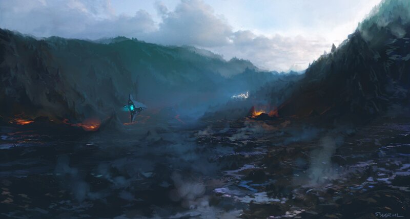 Sci-fi spacecraft over volcanic landscape