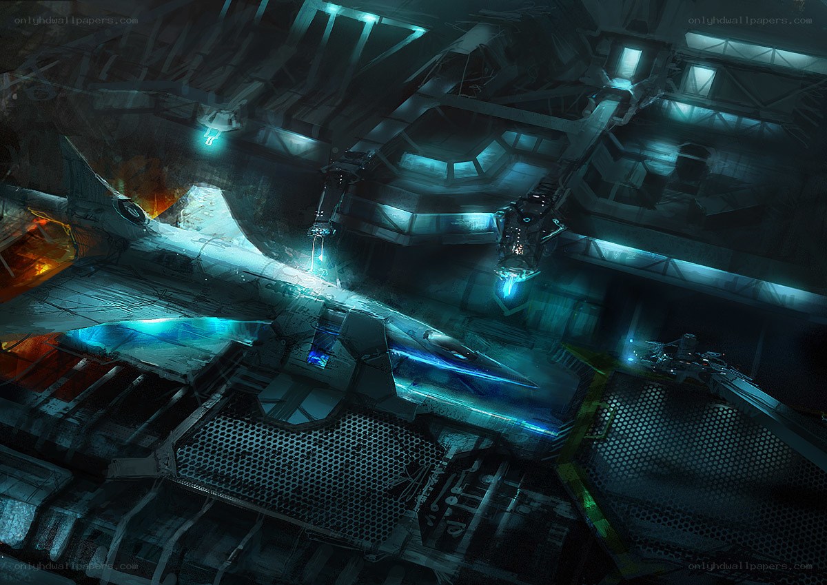 sci-fi spaceship in hangar