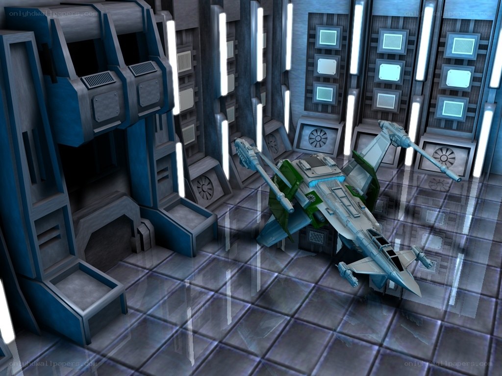 Sci-fi spaceship in hangar