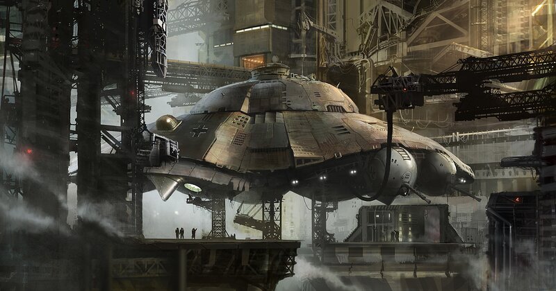 Sci-fi spaceship in industrial hangar
