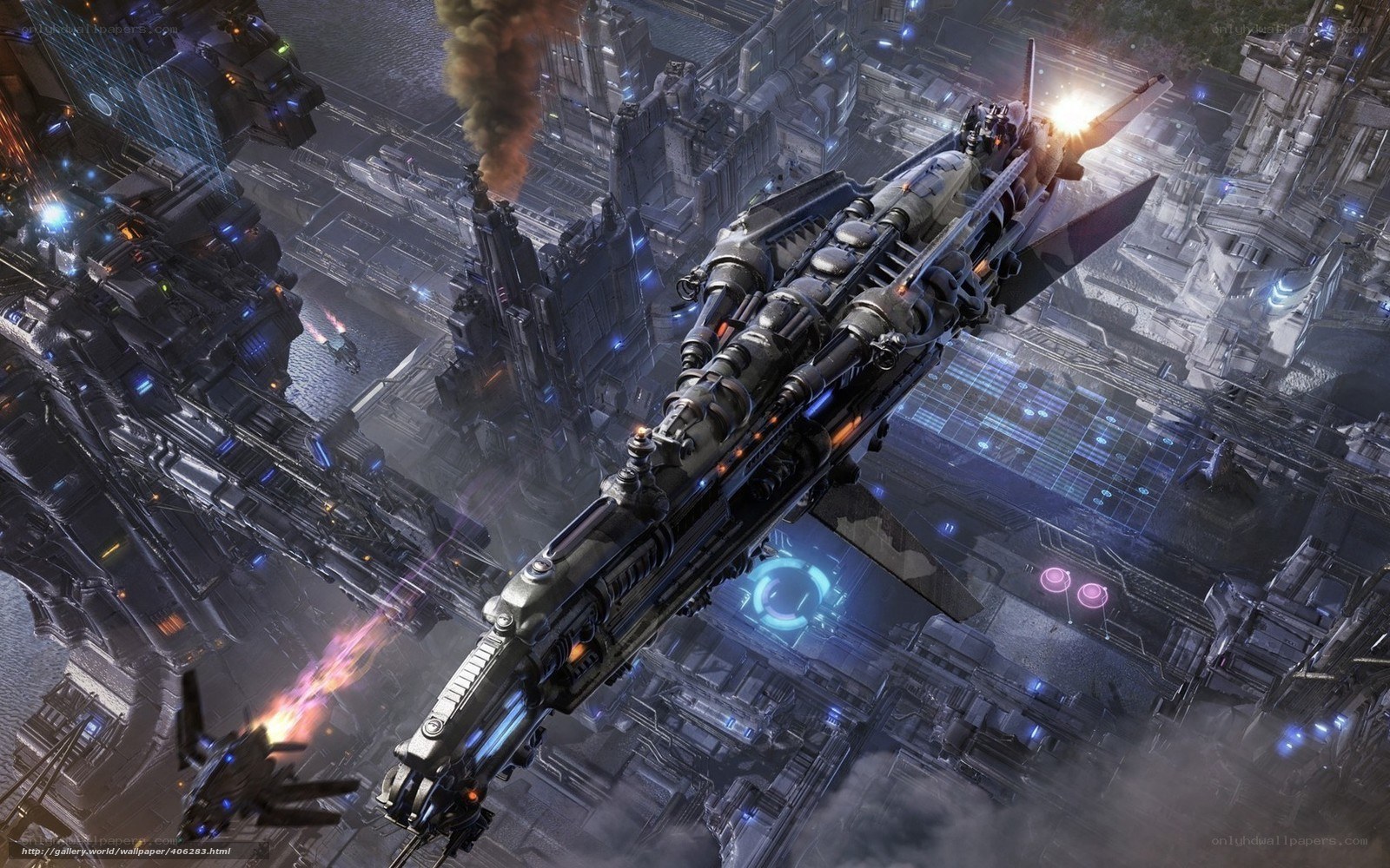 Sci-fi spaceship over city