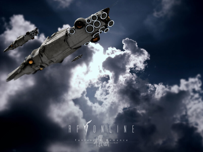Sci-fi spaceships in cloudy sky