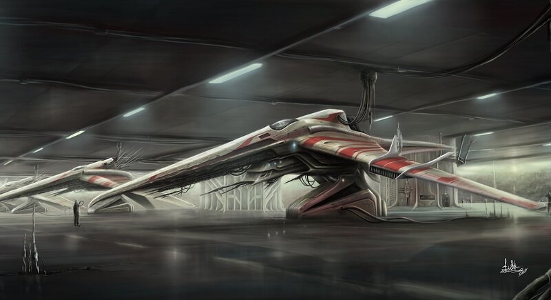 Sci-fi starfighters in hangar