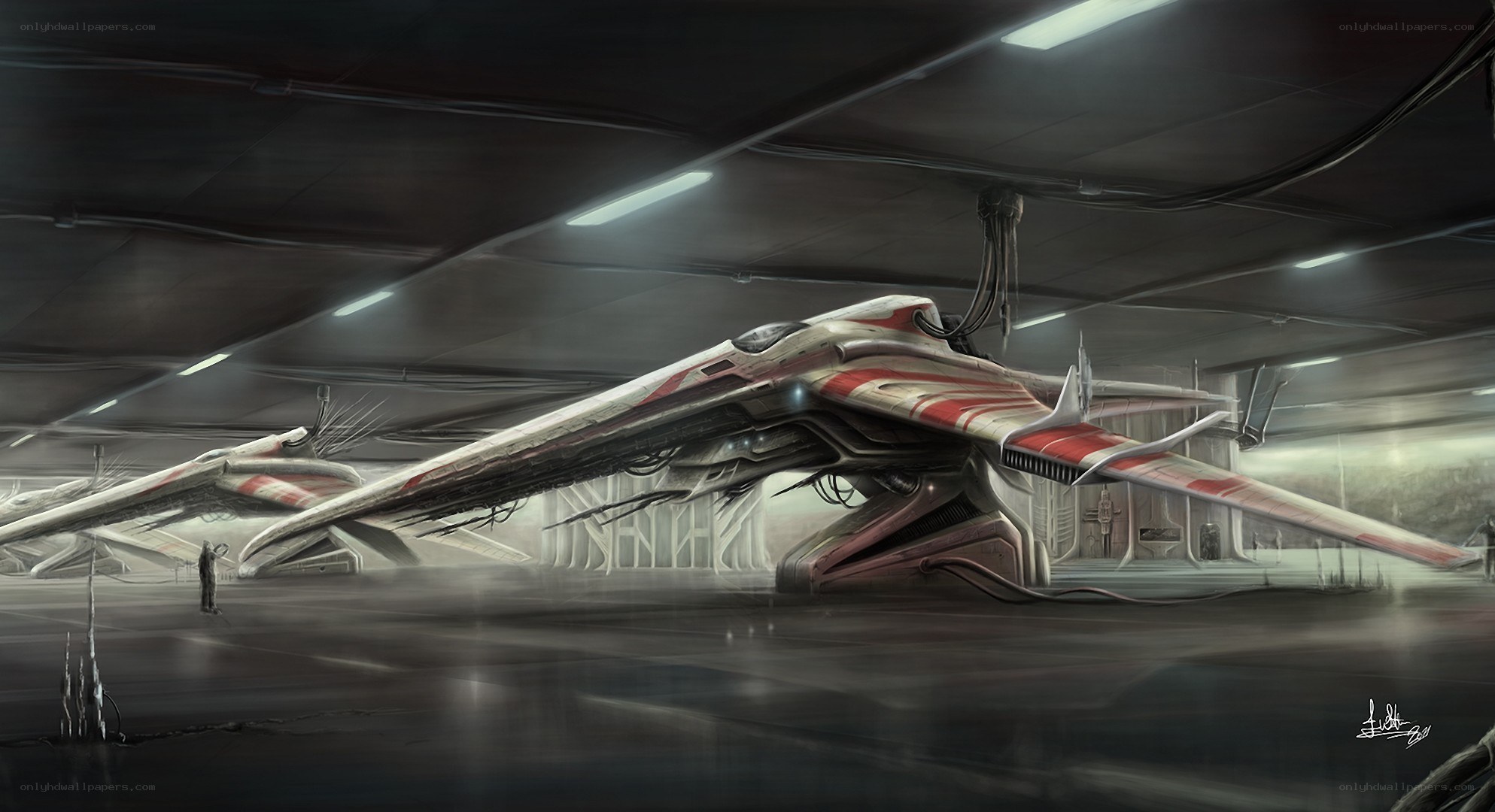 Sci-fi starfighters in hangar