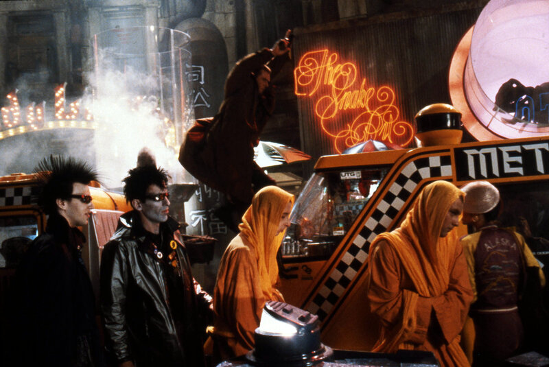 Sci-fi street scene with neon signs