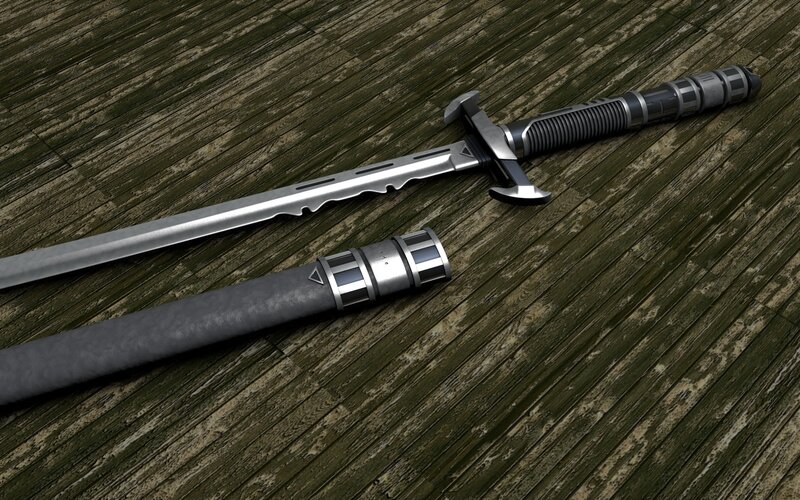 Sci-fi sword on wooden surface