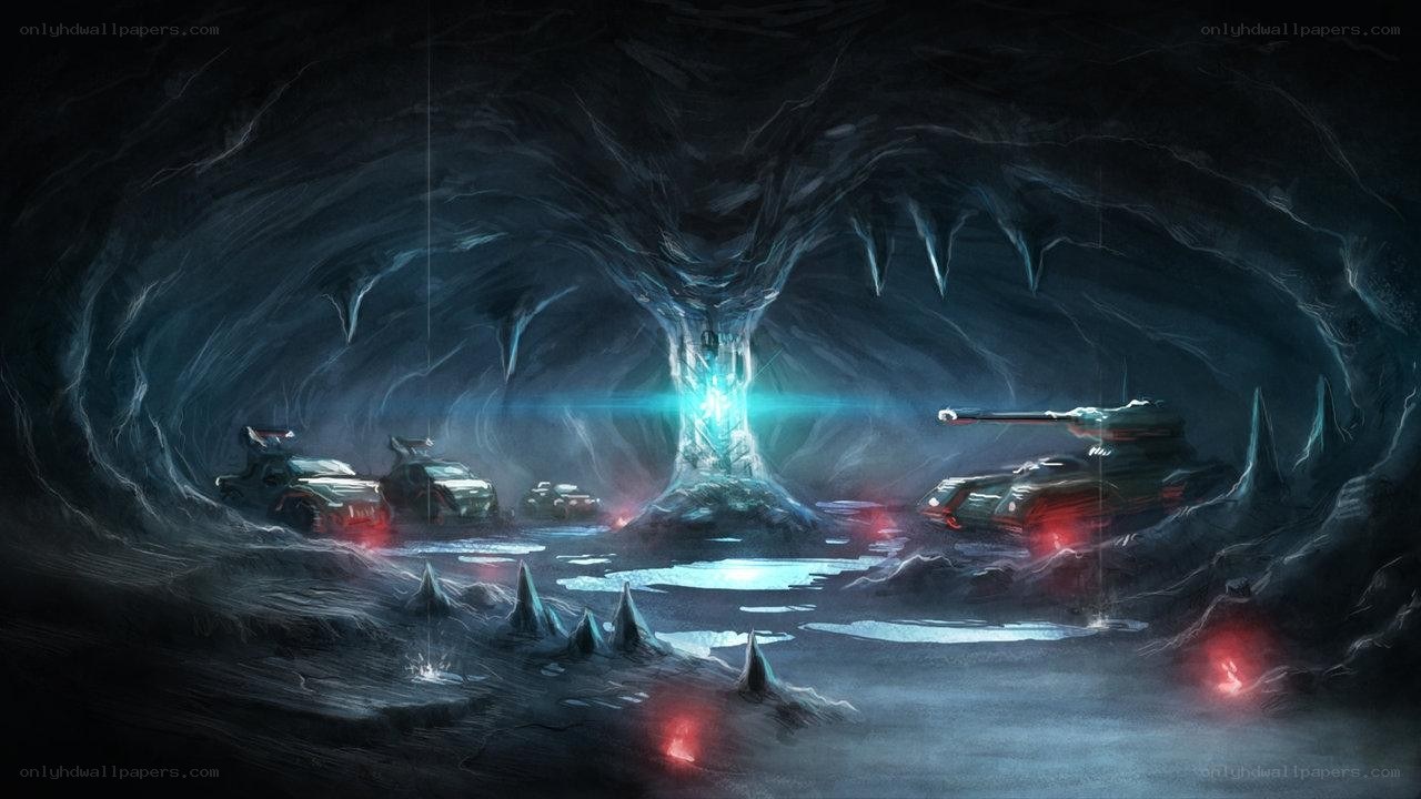 Sci-fi tank convoy in cave