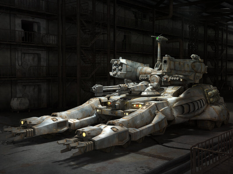 Sci-fi tank in industrial hangar