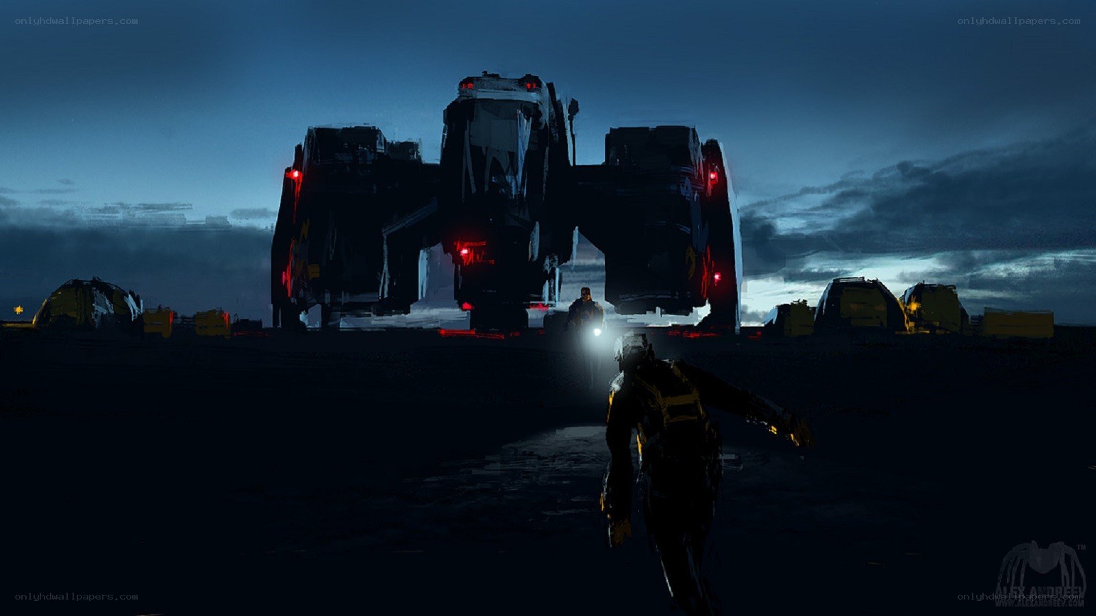 sci-fi vehicle at dusk