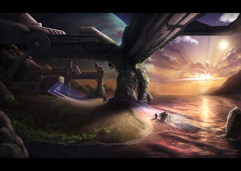 Sci-fi vehicle at sunset