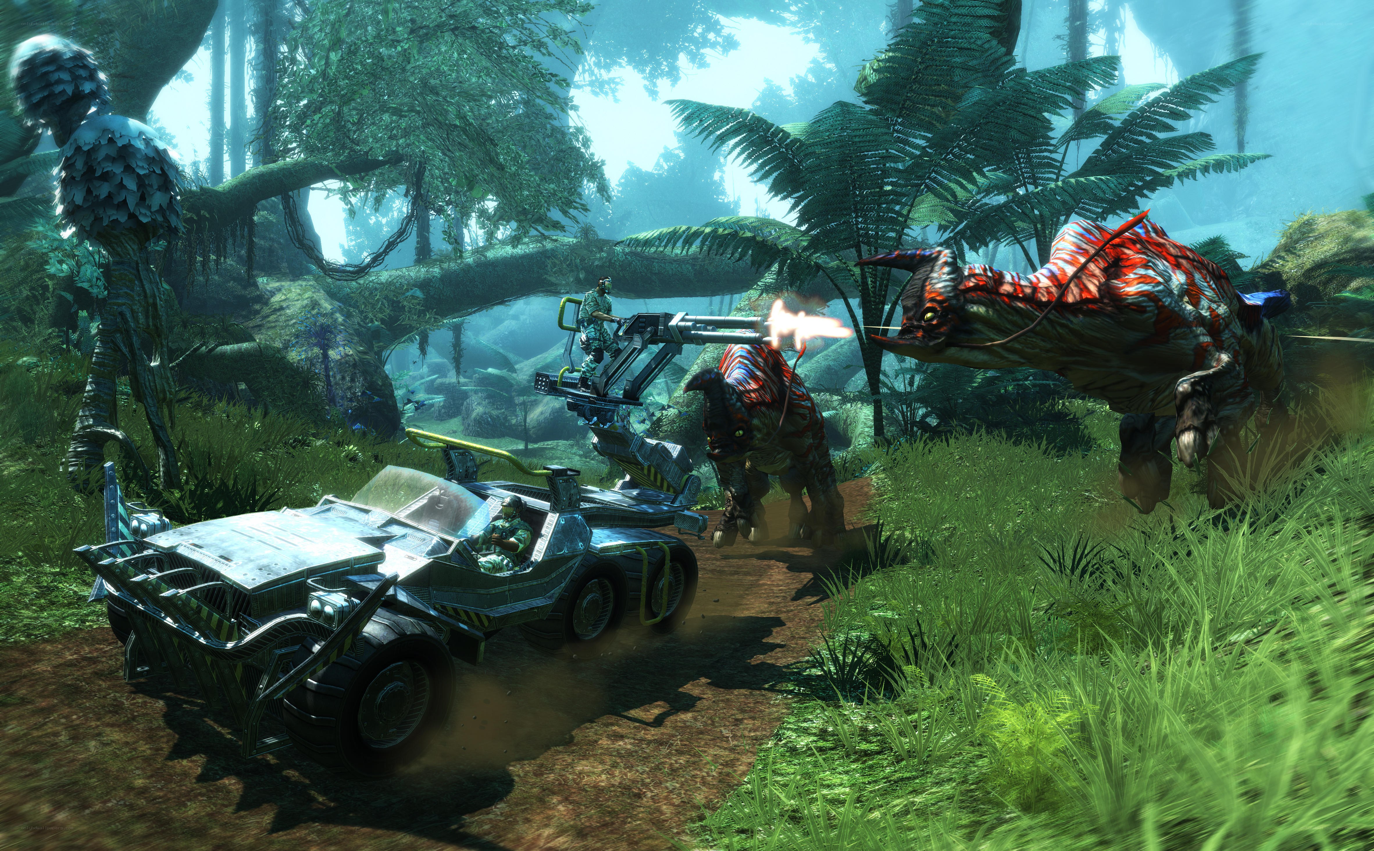 Sci-fi vehicle in alien jungle