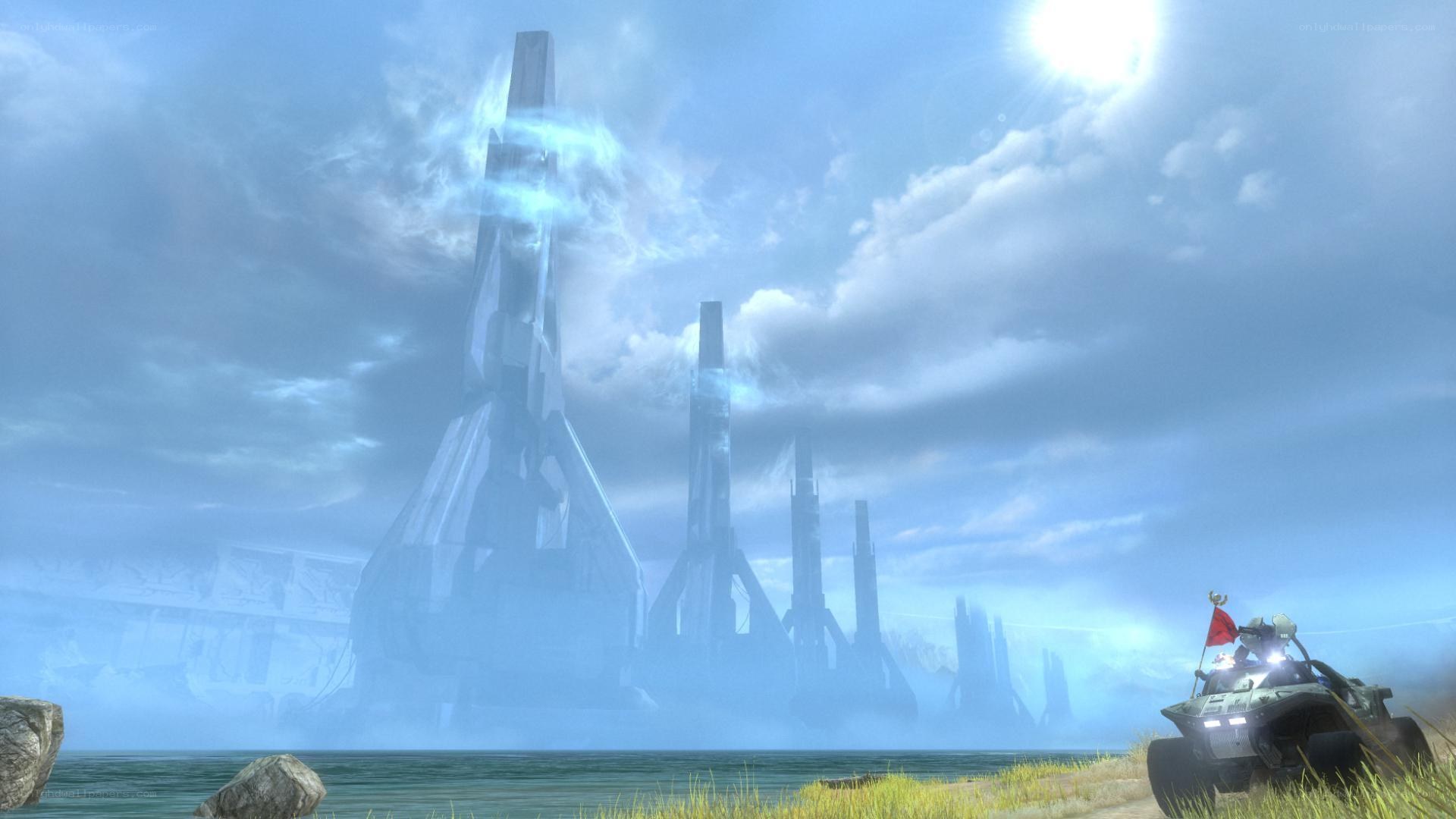 Sci-fi vehicle near alien structures