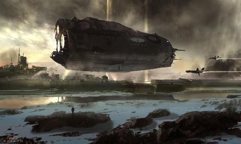 Sci-fi war scene with large ship