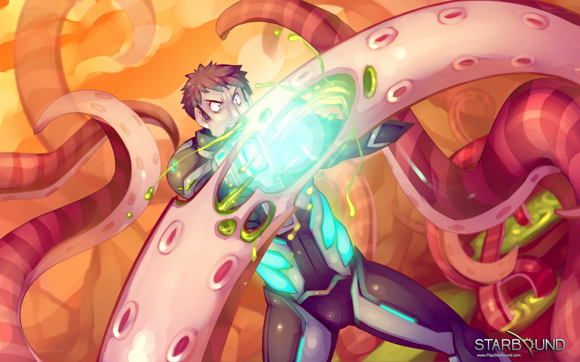 sci-fi warrior battling tentacled creature