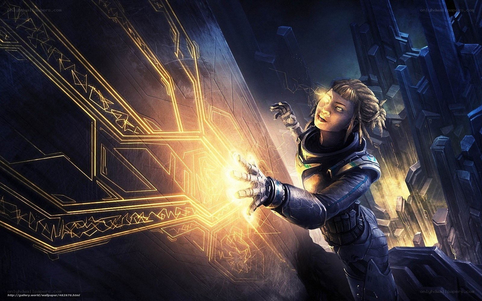 sci-fi warrior interacting with energy