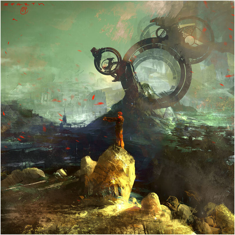 sci-fi warrior on a rock