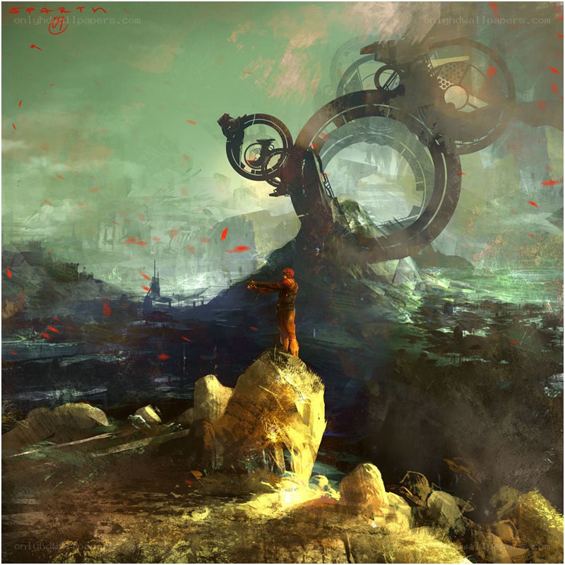 sci-fi warrior on a rock