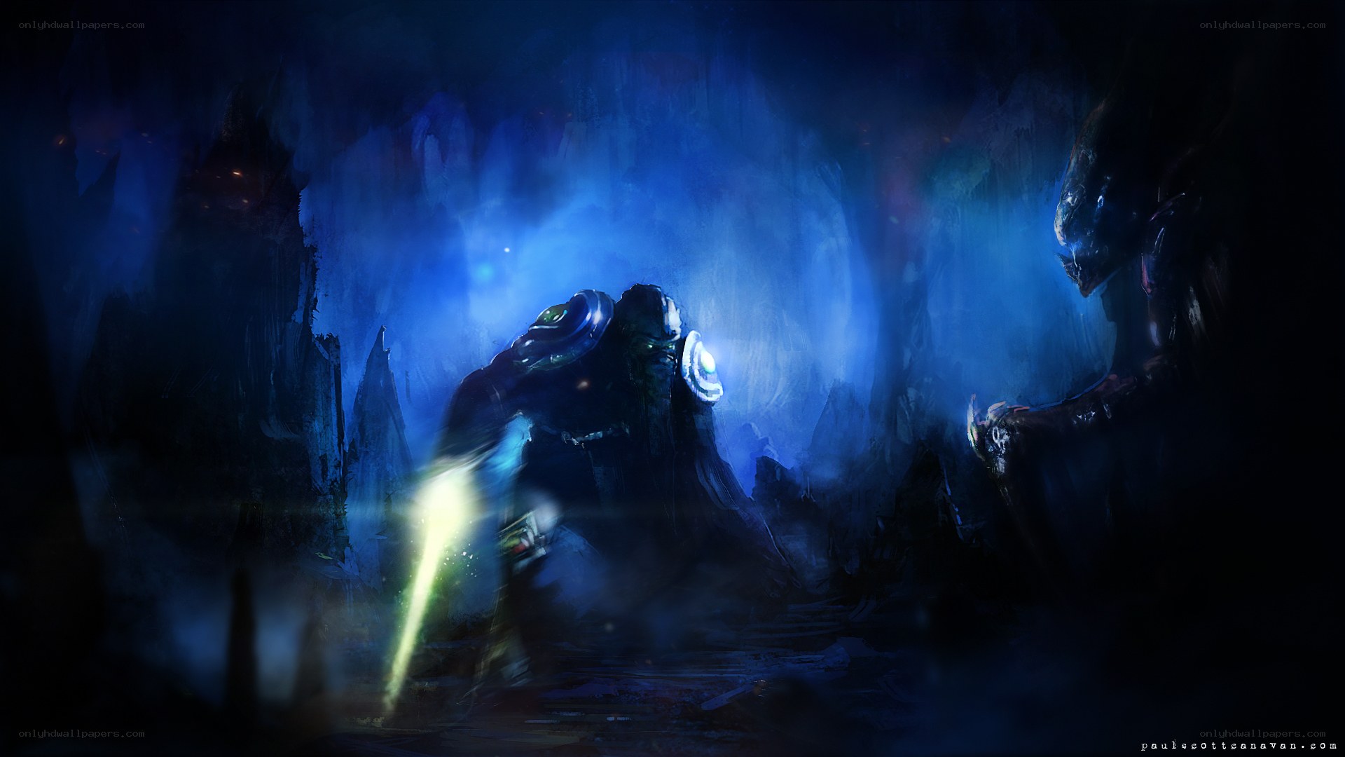 sci-fi warriors in a dark cave