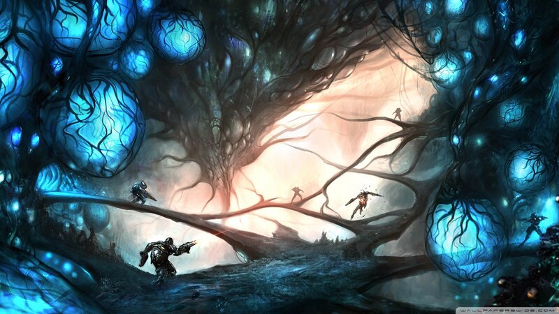 sci-fi warriors in alien forest